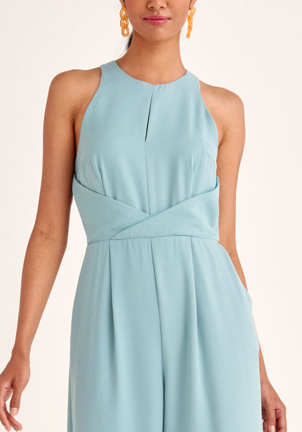 Paisie Detailed Waist Halterneck Jumpsuit in Teal Close Up